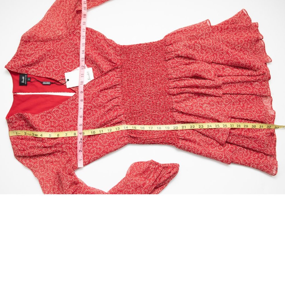 Bardot Ditsy Dress Gauzy Shirred Long Sleeve Mini V-Neck Red Pais Size XS 4 New - Picture 5 of 5
